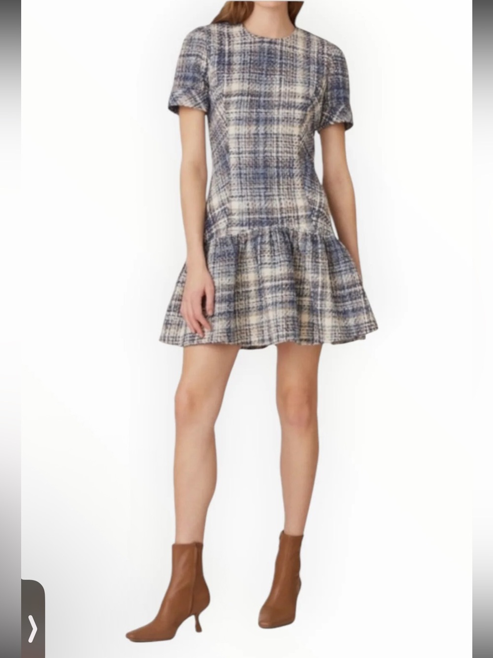Shoshanna NWOT Plaid tweed Eleanor mini Sleeve Ruffle-Hem Dress. Size 4